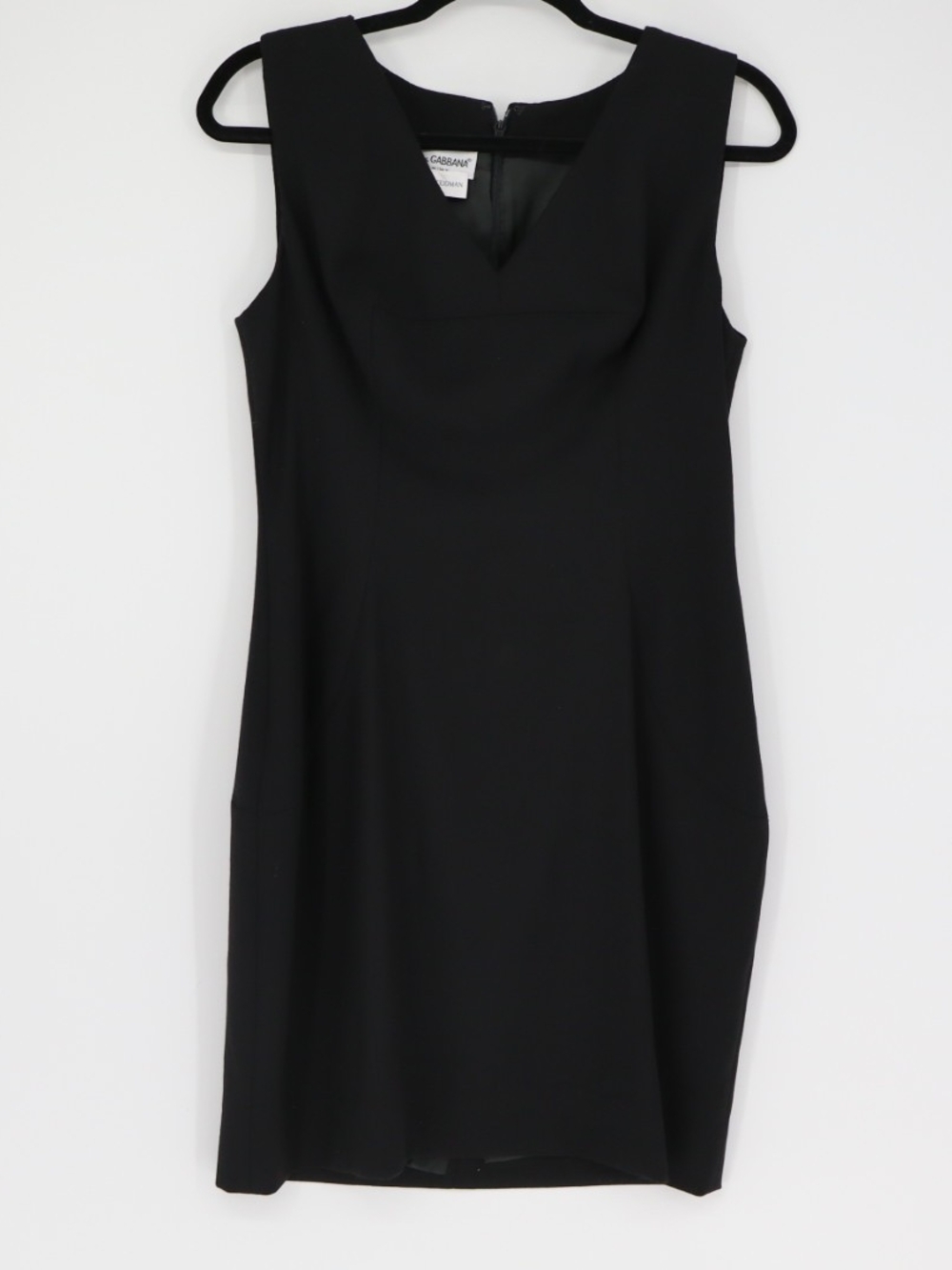 Dolce & Gabbana Vintage Woman's Wool Black Sheath Dress V Neck Sleeveless 46 L